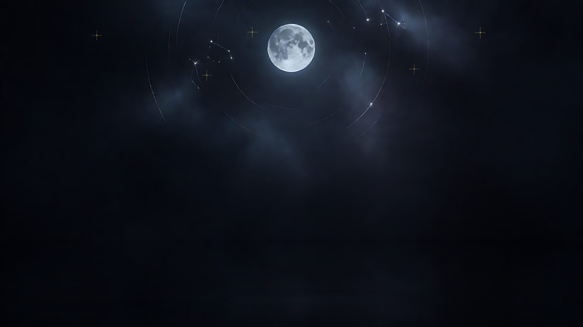 A pale full moon wrapped in thin star trails over a deep night sky, scattered with a few golden stars
